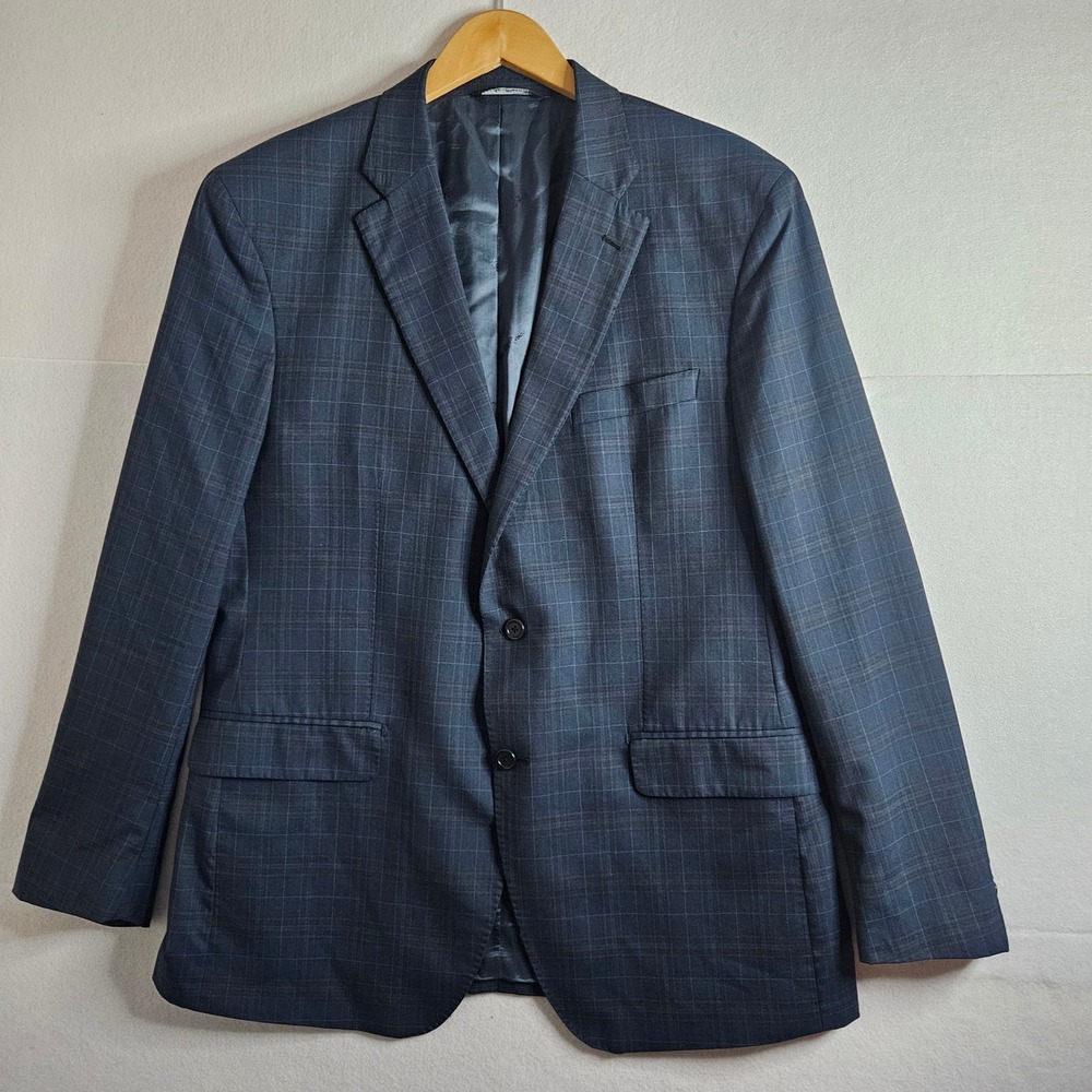 Saks Fifth Avenue Ermenegildo Zegna Wool Blazer Navy Windowpane 44L Modern Fit